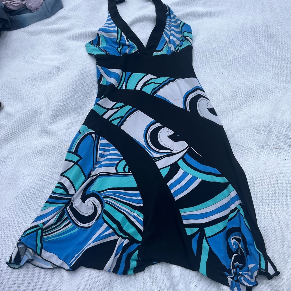 La Belle Black and Blue Swirl Backless Dress